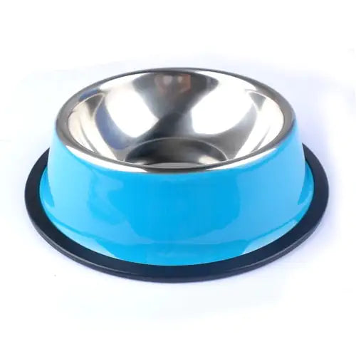 blue stainless steel pet bowl with non-slip base