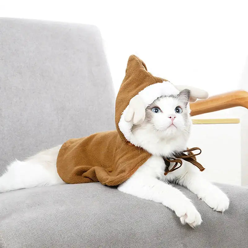 A grey and white cat lies on a grey sofa, wearing the brown Festive Paws Holiday Cape