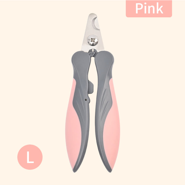 pink nail clippers in closed position on white background. 