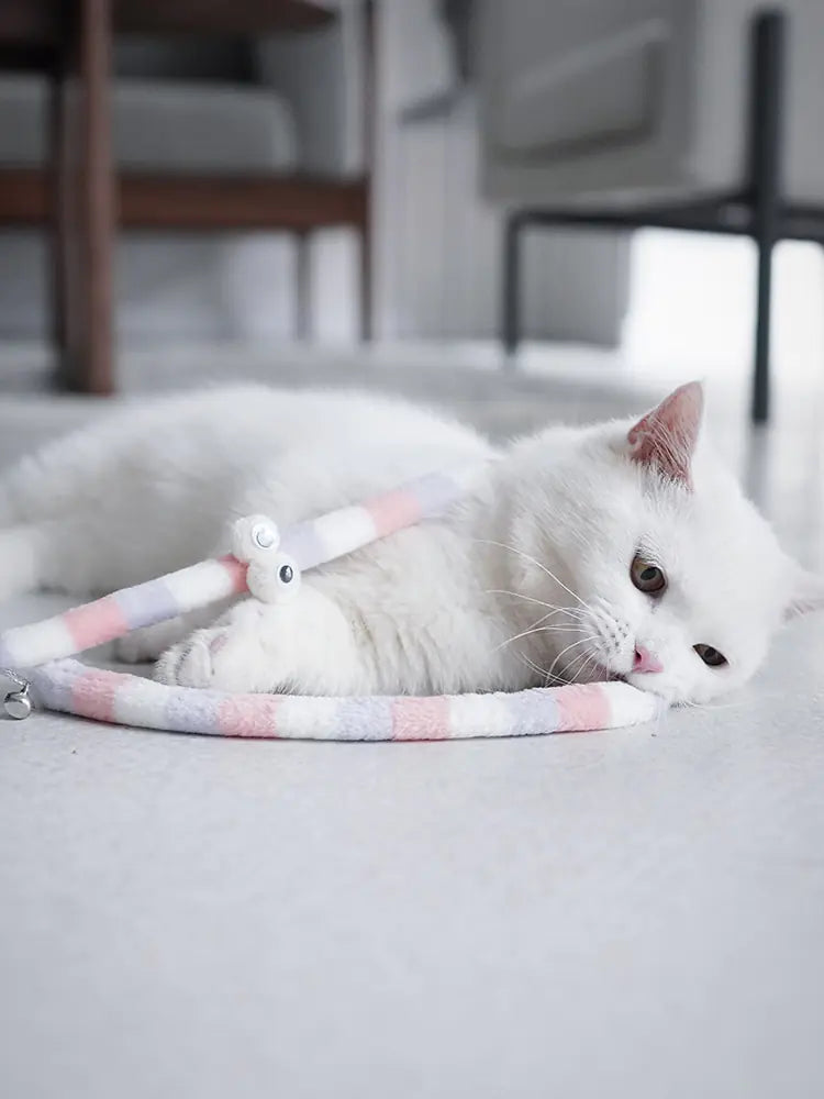 White kitten plays with a Purrfect Pounce Teaser Wand in a home setting. 