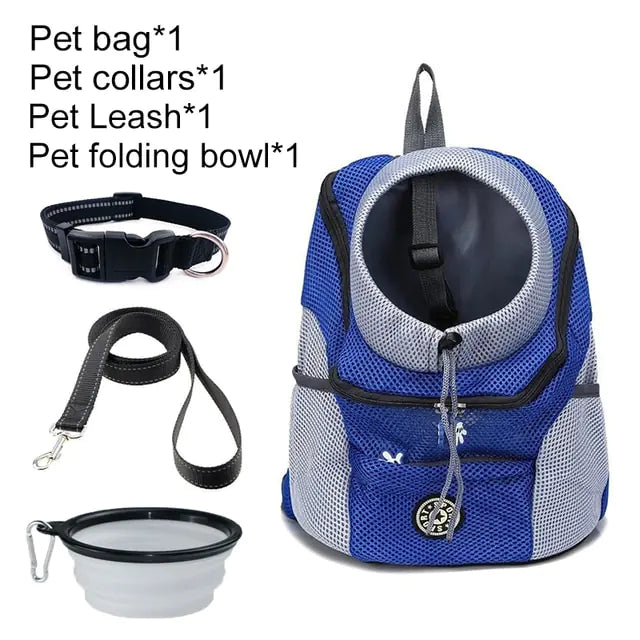 white background, blue backpack, showing contents of leash, bowl and collar. 