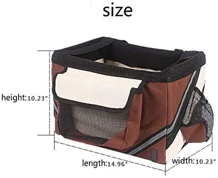 brown pet bicycle basket carrier on white background, showing size and dimensions. 