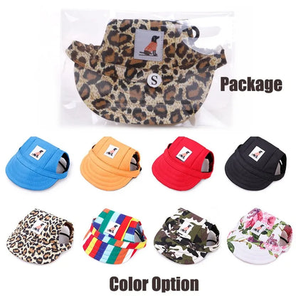 leopard print baseball cap inside a clear plastic bag, showing how product is packaged. Image below shows color options of blue, yellow, red, black, leopard, rainbow, camo and floral, white background.
