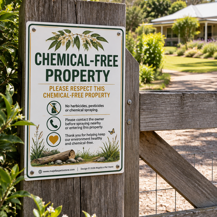 A rectangular 'Chemical-Free Property' sign with green and orange text on a white background, mounted on a wooden post at a property gate with garden foliage and a house in the background.