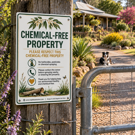 A rectangular 'CHEMICAL-FREE PROPERTY' sign mounted on a wooden post beside a metal gate, with a rural property scene including a house, gravel path, plants, and a dog in the background.