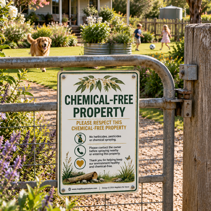 Chemical -free property sign displayed on a metal gate, there is a dog and children playing in the garden in the background, in front of a house.