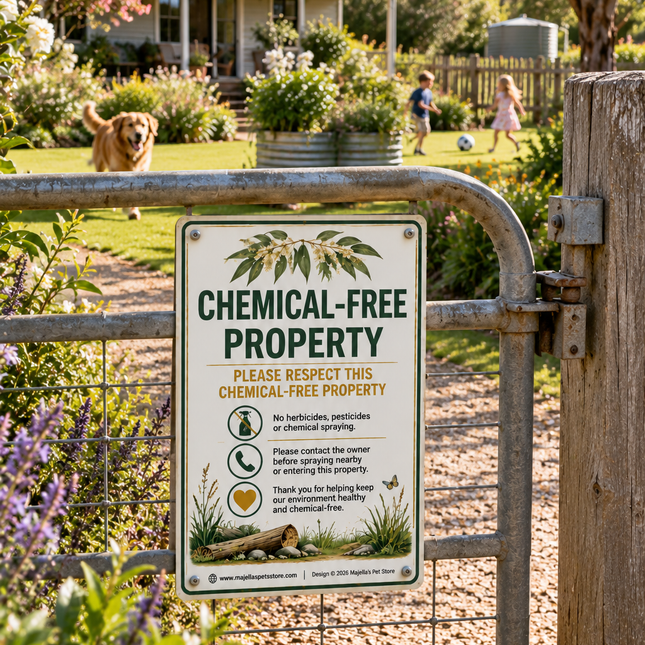 Chemical -free property sign displayed on a metal gate, there is a dog and children playing in the garden in the background, in front of a house.