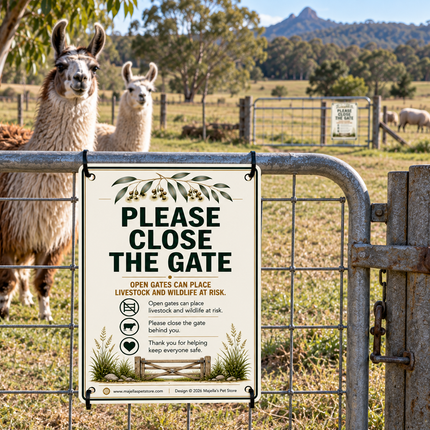 A metal gate with a large white warning sign reading 'PLEASE CLOSE THE GATE' and farm scenery behind it, including two llamas and sheep in an open field.
