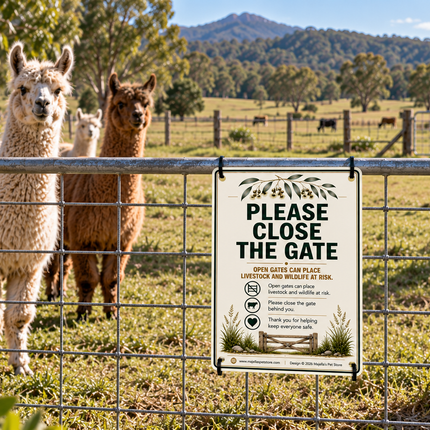 A metal gate at an outdoor farm with two alpacas behind it and a sign reading 'PLEASE CLOSE THE GATE' attached to the gate. A mountain and trees are visible in the background.