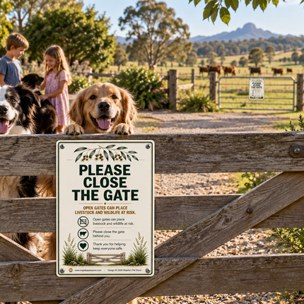 A rustic wooden gate in a farm setting with three dogs leaning over it and two children standing behind it. A metal sign on the gate reads 'PLEASE CLOSE THE GATE' with smaller text below.