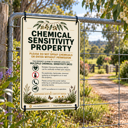 A rectangular chemical sensitivity property sign hanging from a metal fence gate outdoors. The sign has a cream background with black and orange text, green botanical illustrations, and warning icons indicating multiple chemical sensitivity.