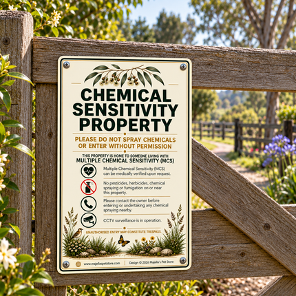 A rectangular safety sign reading 'Chemical Sensitivity Property' mounted on a wooden gate in a garden setting. The sign has a cream background with black and brown text, green botanical illustrations, and icons indicating restricted entry and no pesticide use.