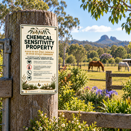 A rectangular chemical sensitivity property sign with black text and small illustrations, mounted on a wooden post in a garden setting. A real outdoor farm scene with flowers, a fence, and horses is blurred in the background.