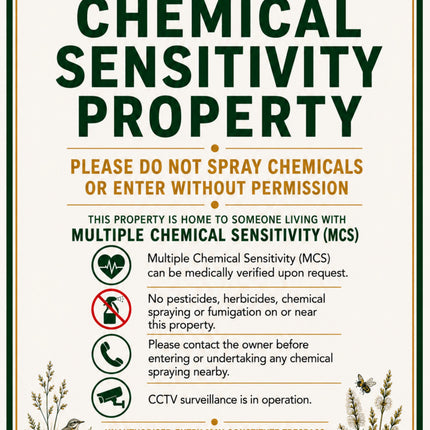 A square warning sign with a cream background and green border, featuring the text 'CHEMICAL SENSITIVITY PROPERTY' and safety instructions, decorated with botanical illustrations at the top and bottom. Brand text for 'Majella's Pet Store' is visible at the bottom.