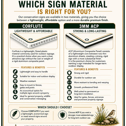 Comparison graphic explaining the difference between Corflute and 3mm ACP sign materials, including features, benefits and available sizes for each.