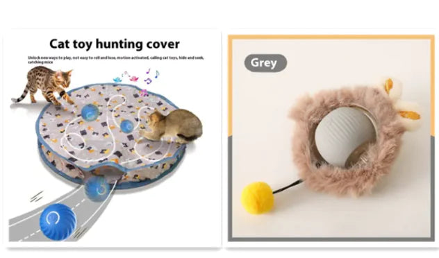 Grey Roll ‘n’ Pounce Cat Toy complete set on white background