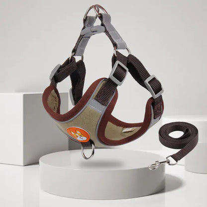 brown harness and leash on light grey display background. 