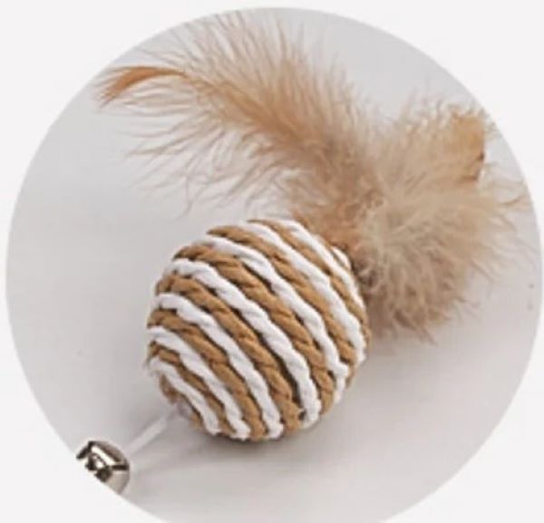 Feather Mouse Stick on white background, showing close up shot of rope ball, feather and bell. 