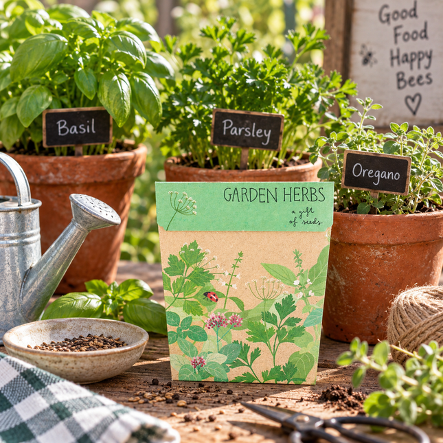 A seed packet labeled 'GARDEN HERBS' stands on a wooden table surrounded by potted herbs, a metal watering can, a small bowl of seeds, and gardening tools. The packet shows green and tan botanical artwork with the text 'a gift of seeds'.