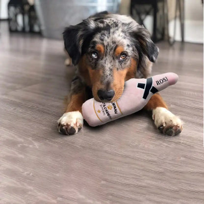 dog playing with a champagne bottle toy in a home setting. 