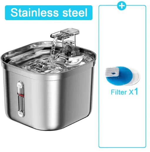 2.2L Stainless Steel Ultra-Quiet Pet Water Fountain on white background, inset shows one filter cartridge. 