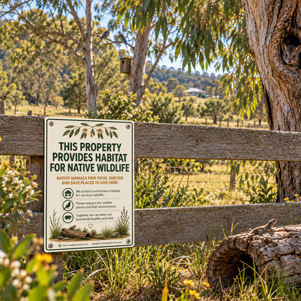 A rectangular white sign with green and black text is mounted on a weathered wooden fence in a grassy outdoor setting. The sign reads, 'THIS PROPERTY PROVIDES HABITAT FOR NATIVE WILDLIFE' with icons below.