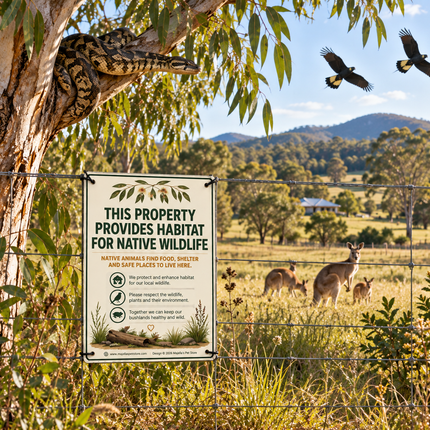A rectangular sign reading 'THIS PROPERTY PROVIDES HABITAT FOR NATIVE WILDLIFE' hangs on a wire fence in a natural outdoor setting with a tree trunk, leaves, kangaroo, and birds in the background.