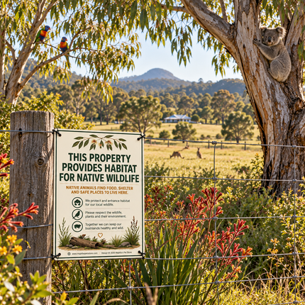 A white and green sign on a wooden post at a wire fence reads, 'THIS PROPERTY PROVIDES HABITAT FOR NATIVE WILDLIFE' with icons for kangaroo, koala, and native bird. A koala is clinging to a tree on the right, and a grassy field with native birds and hills is visible in the background.