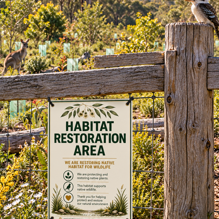 A sign reading 'HABITAT RESTORATION AREA' hangs on a wooden fence in a natural outdoor setting with trees, flowers, and birds visible in the background.