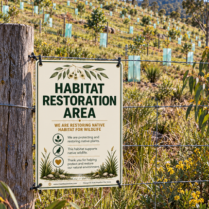 A rectangular sign reading 'HABITAT RESTORATION AREA' is mounted on a wooden post at a wire fence, with a grassy hillside covered in small protective plant covers in the background under a blue sky.