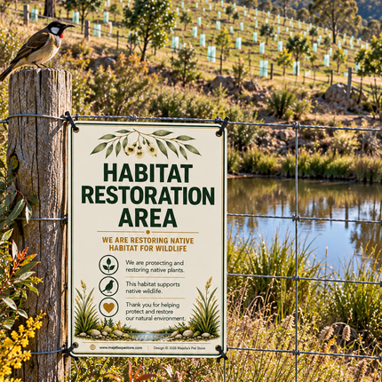A rectangular sign reading 'HABITAT RESTORATION AREA' with green text and small botanical illustrations, mounted on a wire fence beside a wooden post with a bird perched on it. The background shows a natural outdoor setting with grassy hills, trees, and a pond under a blue sky.