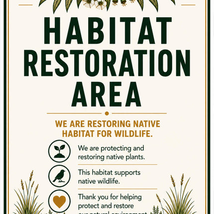 A square decorative sign with rounded corners reading “HABITAT RESTORATION AREA” in large dark green letters on an off-white background. The sign includes botanical illustrations at the top and bottom, small icons with text about protecting native plants and supporting wildlife, and footer text for “www.