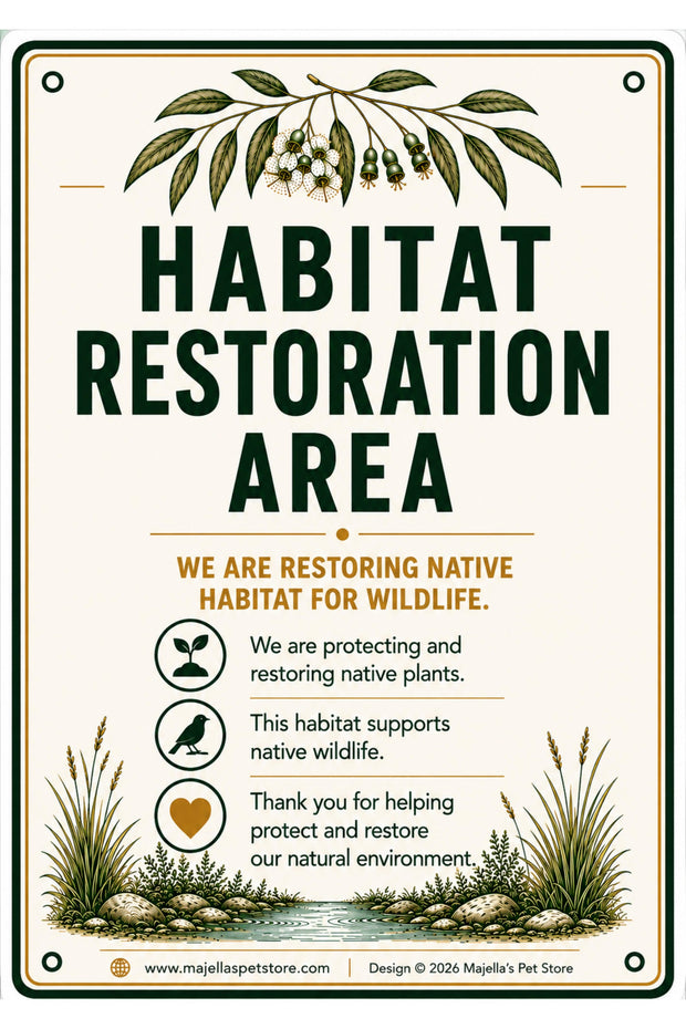 A square decorative sign with rounded corners reading “HABITAT RESTORATION AREA” in large dark green letters on an off-white background. The sign includes botanical illustrations at the top and bottom, small icons with text about protecting native plants and supporting wildlife, and footer text for “www.