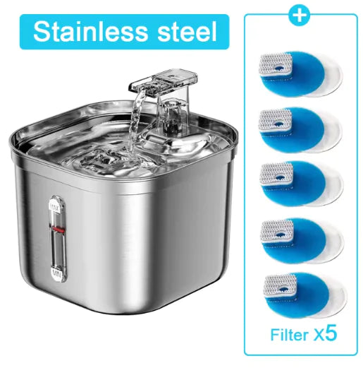 2.2L Stainless Steel Ultra-Quiet Pet Water Fountain on white background, inset shows 5 filter cartridges. 