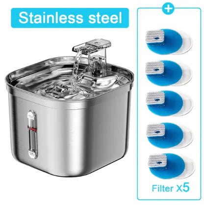 2.2L Stainless Steel Ultra-Quiet Pet Water Fountain on white background, inset shows 5 filter cartridges. 