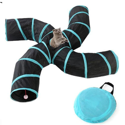 A cat appears in the middle of the Peek & Play Cat Tunnel on a white background. The carry case for storage is shown in the foreground
