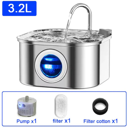 3.2L Stainless Steel Ultra-Quiet Pet Water Fountain on white background, inset shows pump, filter cartridges and filter cotton. 