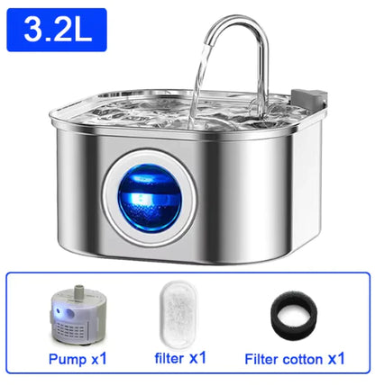 3.2L Stainless Steel Ultra-Quiet Pet Water Fountain on white background, inset shows pump, filter cartridges and filter cotton. 