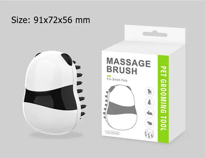 Massage brush, packaging and dimensions displayed on a light grey background 