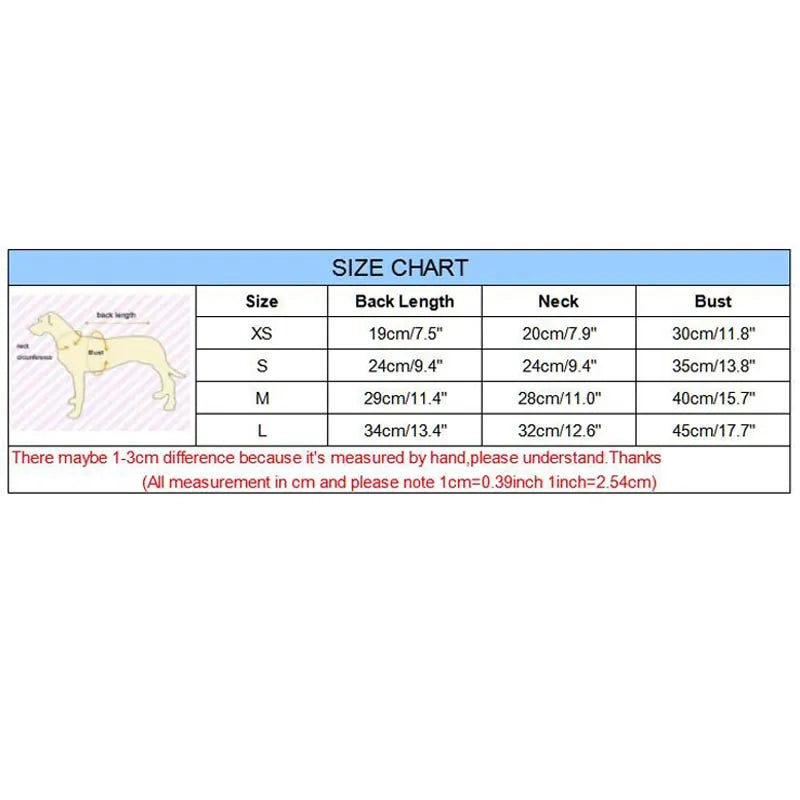 size chart of the Stylish Pet Hoodie on a white background 