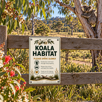 A rectangular metal sign reading 'KOALA HABITAT' and 'PLEASE DRIVE SLOWLY' is mounted on a wooden fence in a natural outdoor setting with trees, flowers, and a koala visible in the background.