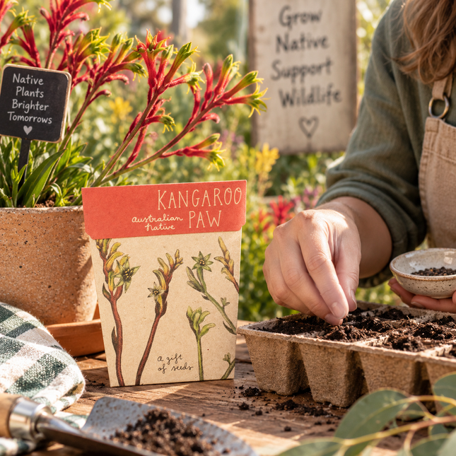 A person planting seeds outdoors at a wooden table, with a seed packet labeled 'KANGAROO PAW' and 'Australian Native' in the foreground. The scene includes potted red flowers, garden tools, soil, and a sign reading 'Grow Native Support Wildlife'.