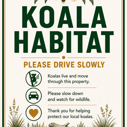 A rectangular decorative sign with rounded corners featuring the text 'KOALA HABITAT' in large dark green letters, with smaller orange and black text below reading 'PLEASE DRIVE SLOWLY' and three illustrated icons about koalas, cars, and a heart. The sign has a cream background with green and orange accents and botanical illustrations at the top and bottom.