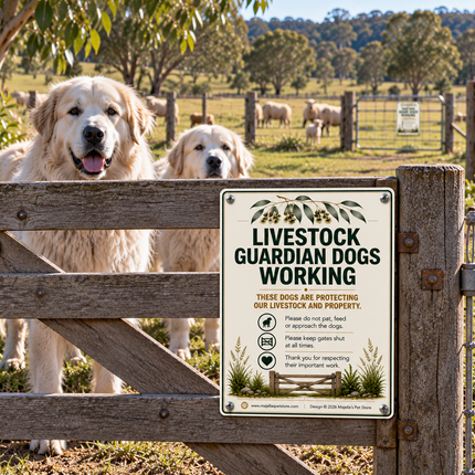 A rustic wooden gate in an outdoor farm setting with two large golden dogs behind it and a white warning sign that reads 'Livestock Guardian Dogs Working.' The sign includes decorative greenery and icons indicating the dogs are protecting livestock and property.