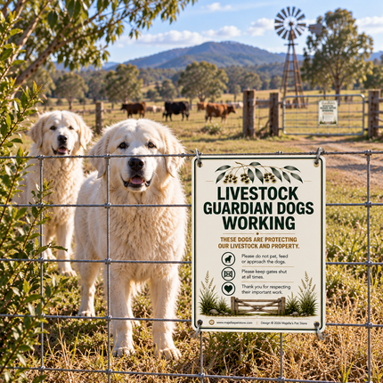 A livestock guardian dog sign mounted on a wire fence in a rural paddock, with two white dogs standing behind the fence in the foreground and cows, a windmill, and mountains in the background.