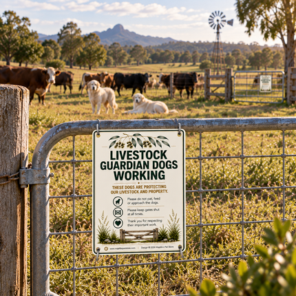 A rectangular metal sign reading 'LIVESTOCK GUARDIAN DOGS WORKING' is mounted on a wire gate in a rural paddock. Three dogs stand behind the gate in a grassy field, with cows in the background and trees and a windmill further back.