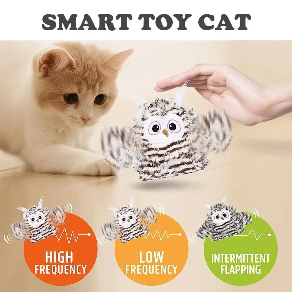 main image shows a ginger and white kitten interacting with the owl toy. three inserts show frequency level and intermittent flapping of the wings. 