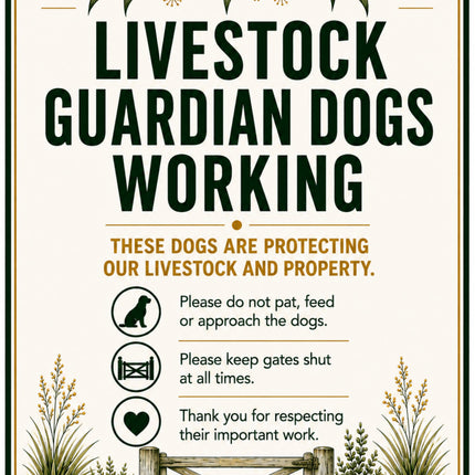 A decorative rectangular sign with a cream background and dark green border, featuring the text 'LIVESTOCK GUARDIAN DOGS WORKING' and additional rules about protecting livestock and property. The sign includes illustrated leaves, flowers, grass, and a fence, plus small icons representing a dog, gate, and heart.