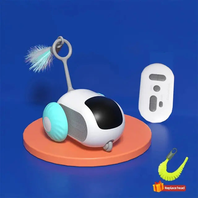 Blue Interactive Remote-Controlled Cat Toy with remote control on a blue background 