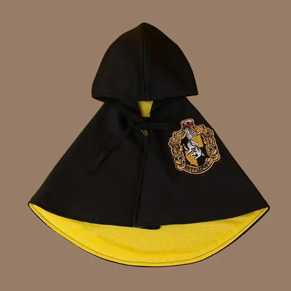 Black and Yellow Wizard Cosplay Cape, beige background 